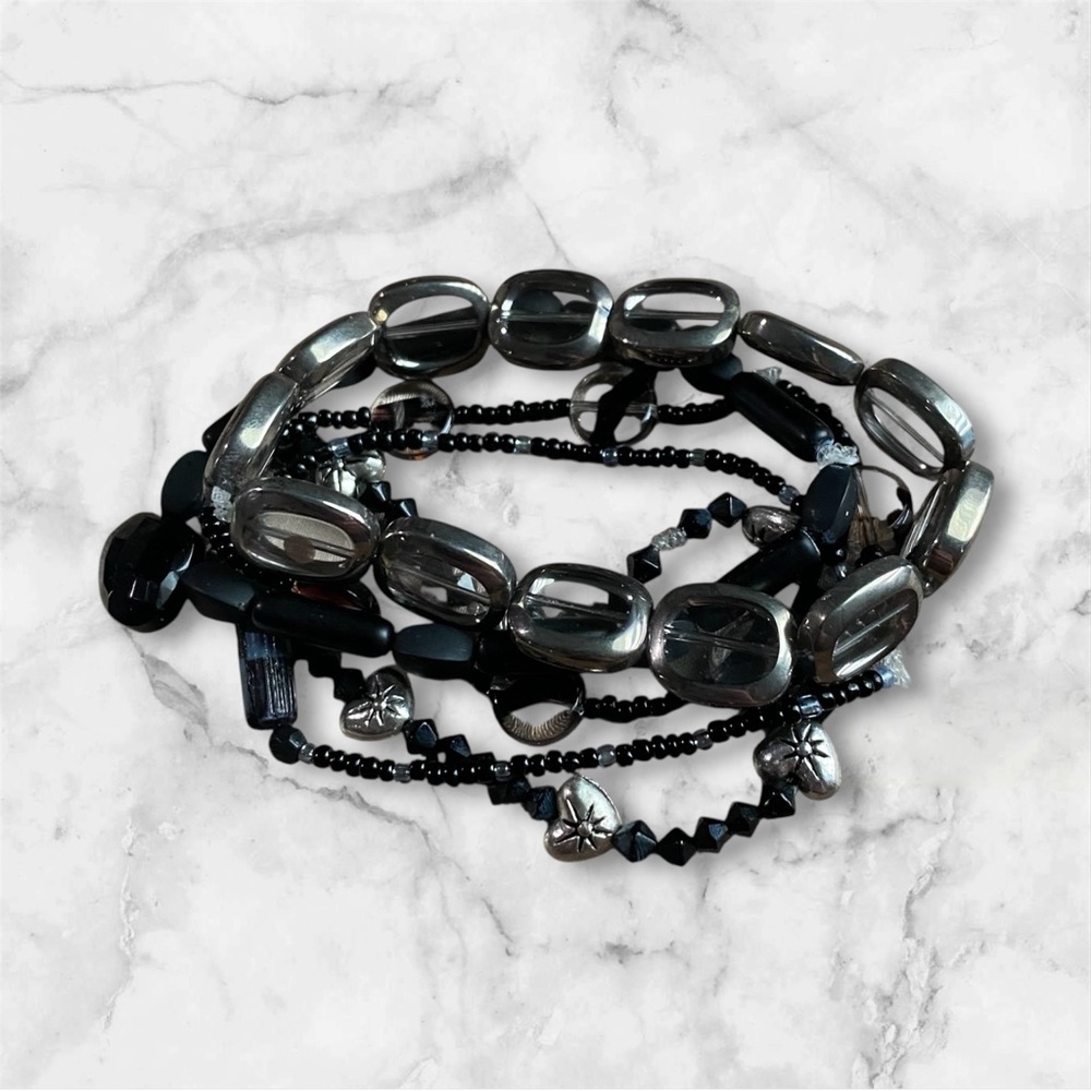 Handmade Black Multicolored Beaded Bracelet Bundle Lot of 5